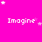 A bright pink background with repeated white pixelated text 'Imagine' and scattered star shapes in varying sizes.