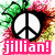 Pixelated icon featuring a black peace symbol with white interior, surrounded by green and red pixelated foliage, over pink background with 'jillian!' text in white lowercase letters.
