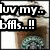 Pixelated image with text overlays: 'luv my...' and 'bffs...!!' on left, 'am.Mts. bf.jk.oc. cb.jm' in pink on right over blurred background.