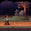 Pixel art scene shows a character with brown hair and blue shirt holding a white sword on a dirt path, with grassy hill, stone structure, twisted tree, and dark sky in background.