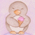 Pixelated cartoon penguin with closed eyes holds a pink ice cream cone against a light purple background.