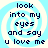 Four identical pixelated display the text 'look into my eyes and say u love me' over a light blue and white spiral background