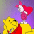 A 2x2 contact sheet of a Winnie the Pooh animated icon showing four sequential frames with text changes and Piglet's position shift, set against a purple gradient background.