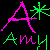 Pixelated graphic with pink and green elements on black background, featuring stylized 'A' shapes and starburst symbols above the name 'AMY' in mixed colors.