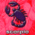 A 50x50 pixel animated contact sheet showing two frames of a Scorpio zodiac icon with purple scorpion, red background, and text elements.