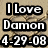 Pixelated text displays 'I Love Damon 4-29-08' over a textured background, with 'AUSTIN COOK IS MY BFFL' on black below and 'AJ... is my sexy twin' to the right of a pause icon.