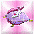 Animated cartoon icon of a purple pillow-like character with green feet, white winged headpiece, and red gem on chest against pink gradient background.