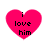 Four identical pink heart-shaped icons with black text reading "i love him" arranged in a on a white background
