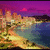 Pixelated landscape with purple sky, pink cloud, and colorful terrain transitioning from warm oranges to cool blues.