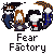 Animated contact sheet of 10 Fear Factory-themed AIM buddy icons showing character sprites and logo variations in pixel art style with gray background transparency.