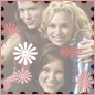 Three people pose together in a group photo with snowflake graphics overlaid, showing variations in background brightness and color saturation across frames.