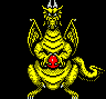 Yellow dragon with wings and horns holds red orb, standing on black background with gray border.