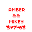 Red pixelated text and symbols on white background, with two identical left-side frames showing 'AMBER & MIKEY' above a stylized symbol that changes from '5+7-403' to '5+7-406'.