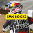 A pixelated image of a person wearing a helmet and racing gear with "FMX ROCKS" text in various colored bars.