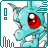 Pixelated cartoon character with light blue body, red eye, and dark gray accents on a white background with teal UI elements.