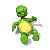 Green turtle-like character with yellow belly in various poses on white background.