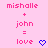 Pixelated pink background displays 'mishalle + john = love' text with blue heart and arrow symbols in three variations.