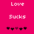 Pixelated text 'Love' and 'Sucks' on bright pink background with heart symbols below, showing animation change in one heart's color.