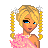 Pixelated character with blonde pigtails and blue eyes wears a pink feathered dress, holding the fabric while standing against white background.
