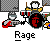 Pixel art contact sheet of 8 animated frames showing a band performing with repeated 'Rage' text and 'badassbuddy.com' branding elements.