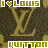 Two side-by-side animated frames of a pixelated buddy icon featuring "I ❤️ LOUIS" text and a large LV monogram logo with "WUITTON" text at the bottom, displayed on a dark textured background.