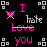 Pixelated graphic with black background, pink and white text reading 'I hate love you', a checkered heart symbol, and four corner square patterns.