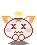 Pixelated character with X eyes, pink cheeks, and orange ears; blue text above and below the figure on gray background.