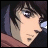 Pixelated anime-style character face with dark hair and light skin, next to stylized text on a black background.