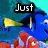 A pixelated animation of a blue fish and orange-and-white clownfish swimming in an underwater scene with text overlays.