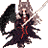 A 3x3 contact sheet of a pixelated anime-style character with gray hair, black wings, and red accents holding a sword across nine animated frames on a transparent background.