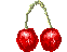 Two red cherries with green stems on a gray background, displayed side-by-side in pixelated style.