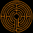 Animated orange maze icon with a central figure holding chains, transitioning from solid maze to glowing chains and text.