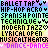 Pixelated text repeats across a rainbow gradient background with visible animation changes in color and text arrangement.