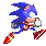 Six pixelated Sonic the Hedgehog frames show running animation with blue fur, red shoes, white gloves, and pink cheeks against gray background.