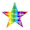 Three identical rainbow-colored star icons with horizontal glitch effects on a gray background.