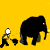 A 7-frame animated contact sheet showing a stick figure walking with an elephant across multiple sampled frames on a yellow background.
