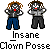 A contact sheet of 7 animated frames showing a pixelated clown character in various poses with the text "Insane Clown Posse" below each frame.