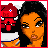 Animated contact sheet of a pixel art icon featuring a cartoon woman with orange skin and black hair, showing sequential frames of her adjusting a white bralette over an orange top against red background elements.