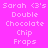 Pixelated text on a bright pink background with alternating light and dark pink sections displaying 'Sarah 3's Double Chocolate Chip Fraps' in white.