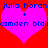 Two pink hearts on red background with blue text reading 'julia horan' and 'camden blair' in pixelated font.