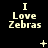 A black background displays three of 'I Love Zebras' text with animated symbols appearing between
