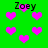 Green background with scattered pink hearts and repeated black text 'Zoey' in pixelated font.