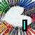 Pixelated collage of four distinct sections: top-left with colorful striped patterns, top-right with rainbow swirls, bottom-left with pink and green hearts, bottom-right with a grayscale portrait and text.