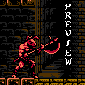Pixel art of a red-skinned, muscular humanoid figure wielding a large curved blade in front of dark stone walls with vertical metal bars.