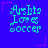 Blue background with cyan text reading 'Aisha Loves soccer' and pink star accents in a