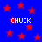 Blue background with red stars and four instances of the text CHUCK! in white pixelated font.