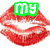 Pixelated red lips with white highlights, a penguin holding a heart-shaped balloon, and a brown donut with a smiling face, all overlaid with green text boxes.