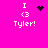 Pixel art animation on bright pink background showing 'I <3 Tyler!' text with changing heart symbols