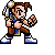Pixel art character in blue and brown outfit with white shoes, performing a fighting stance across six