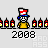 Pixel art character with red/white/blue hat and yellow body, surrounded by red bottles, with '2008' text below and 'HAPPY NEW YEAR!!!' speech bubble in final frame.